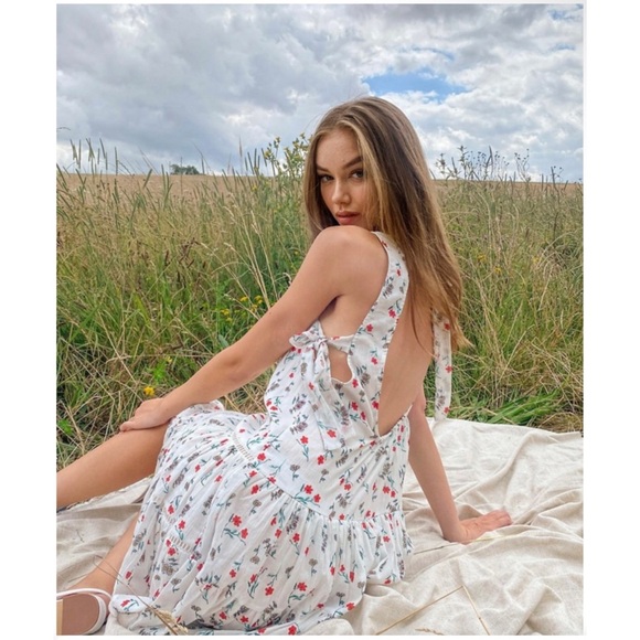 ASOS Dresses & Skirts - NWOT Asos White Floral Mini Prairie Dress w/ Open Back, Side Bow Ties, & Gathers